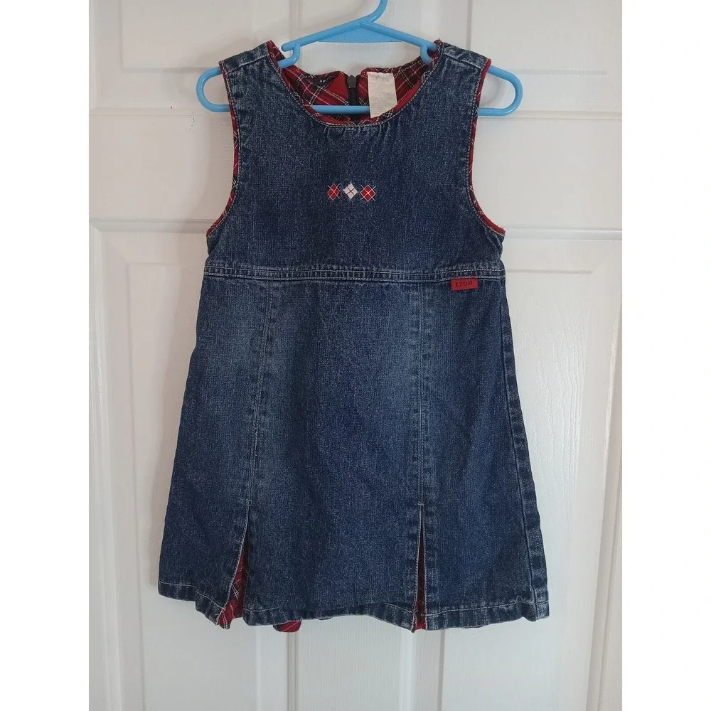 Izod Toddler Girls Jean Jumper Dress Size 4T Sleeveless Denim Jumper Plaid‎ Blue